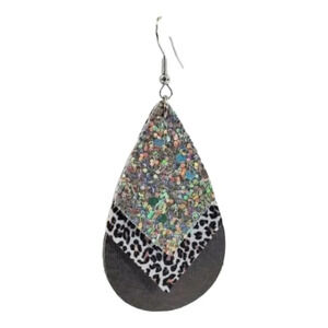 3 Layer Grey Animal Print Faux Leather Dangle Chic Lightweight Earrings  3g8